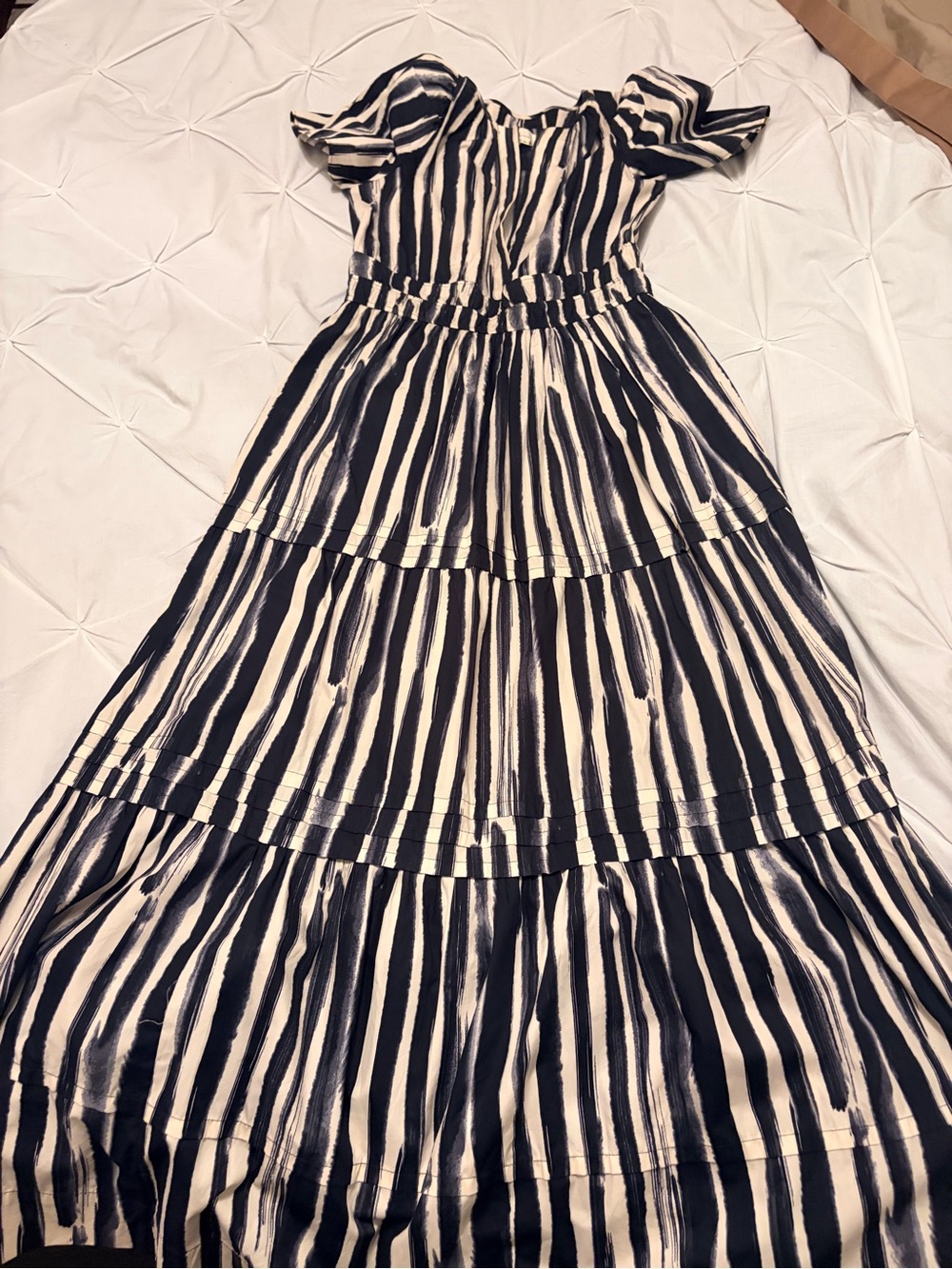 Anthropologie Black and White Off-Shoulder Tiered Maxi Dress